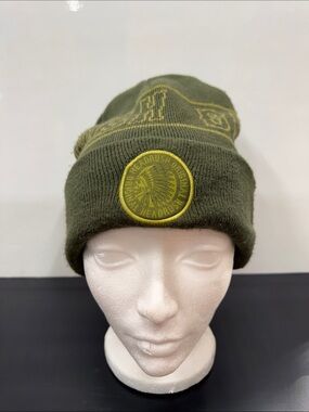 HeadRush Olive Green Knit Cuffed Beanie with Yellow Patch